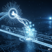 A glowing, digital wireframe hand, representing AI, is strategically placing glowing follower icons into a shopping cart, which is moving along a path of light within a circuit-like network. 