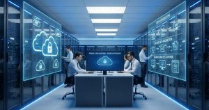 A modern enterprise data center transitioning to a private cloud platform, with digital cloud symbols, secure lock icons, and business process flow charts representing ERP integration and control, in a professional high-tech style.